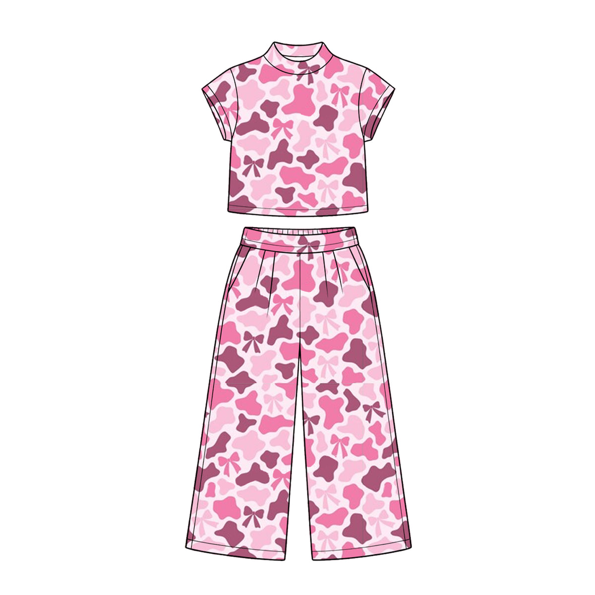 (Preorder new) No moq Baby Girls Camo Short Sleeve Top And Wide Leg Pants Set