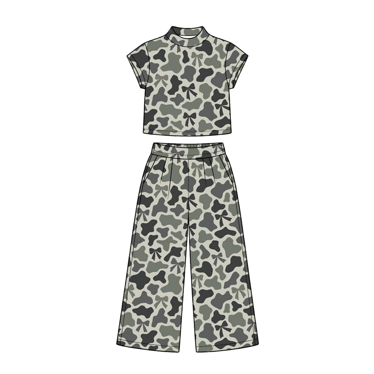 (Preorder new) No moq Baby Girls Camo Short Sleeve Top And Wide Leg Pants Set