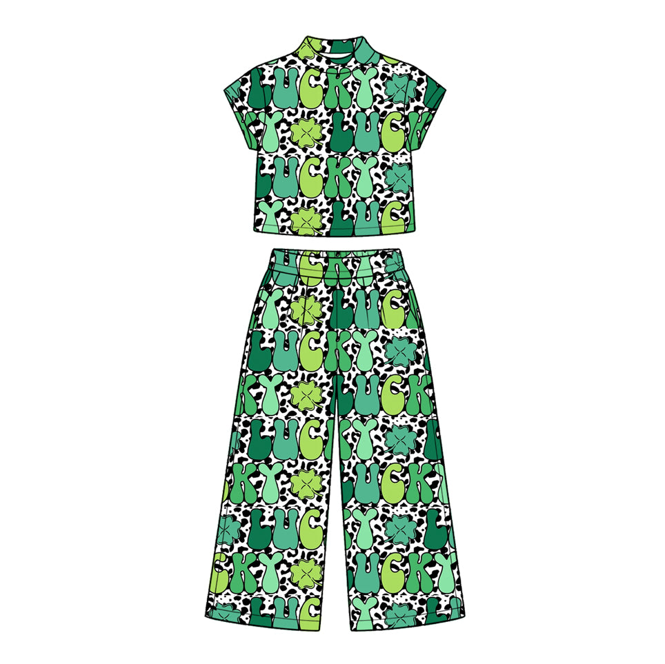 (Preorder new) No moq Baby Girls Green Short Sleeve Top And Wide Leg Pants Set