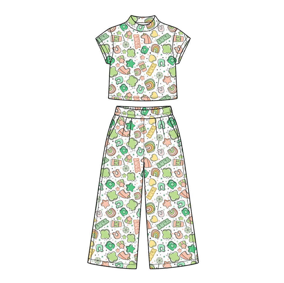 (Preorder new) No moq Baby Girls Green Short Sleeve Top And Wide Leg Pants Set
