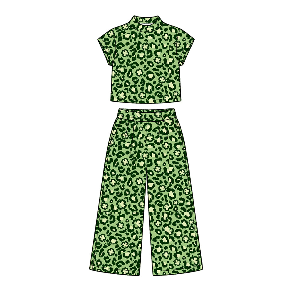 (Preorder new) No moq Baby Girls Green Short Sleeve Top And Wide Leg Pants Set