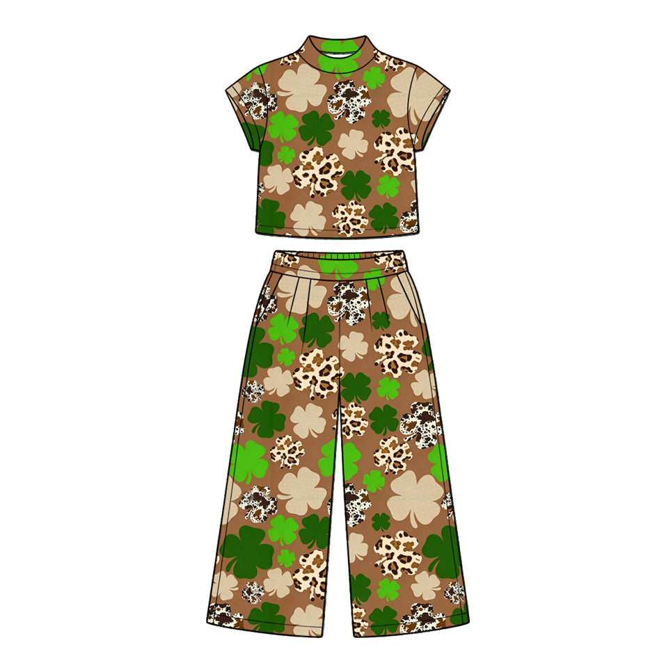 (Preorder new) No moq Baby Girls Green Short Sleeve Top And Wide Leg Pants Set