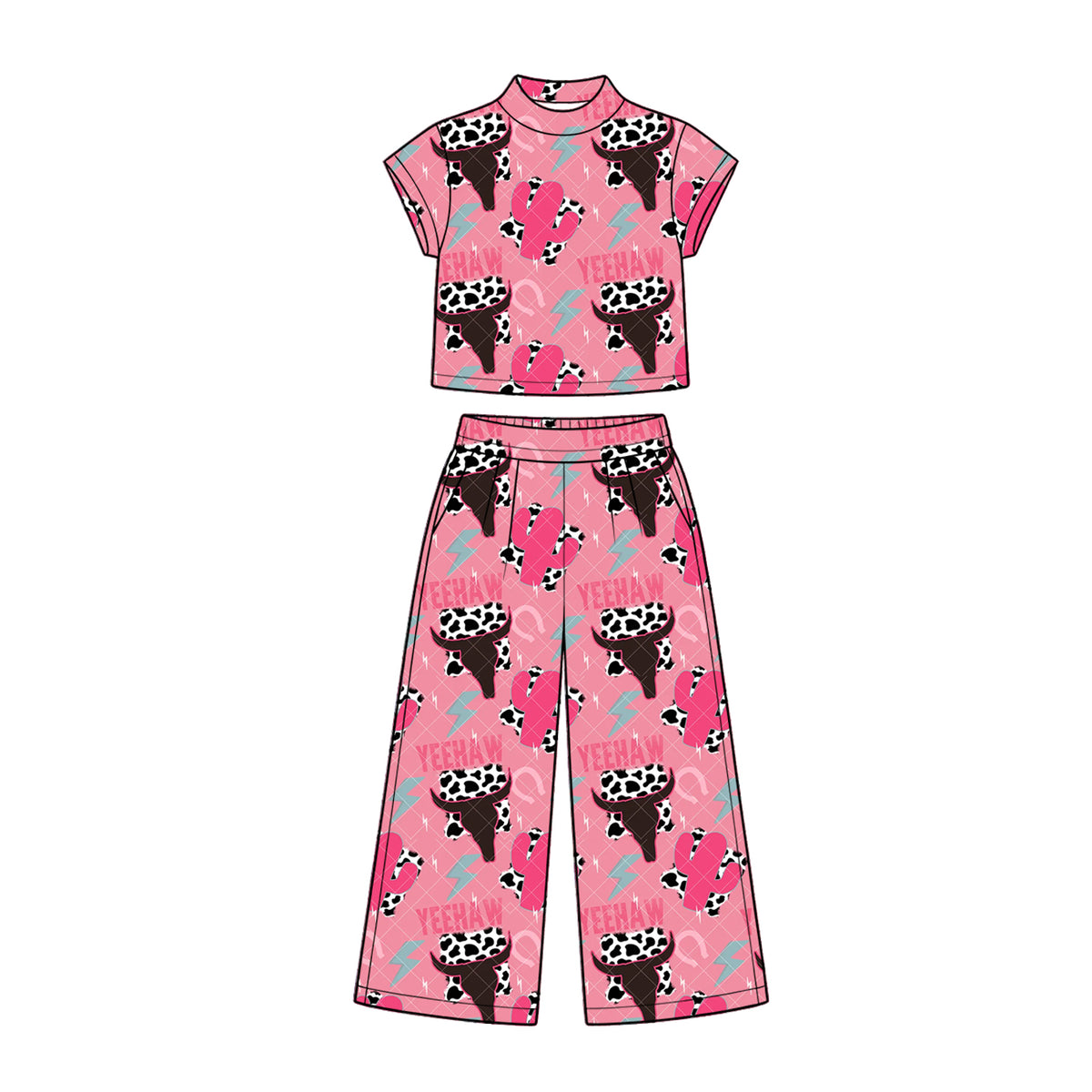 (Preorder new) No moq GSPO2417 Baby Girls Pink Western Cactus Print Short Sleeve Wide Leg Pant Set