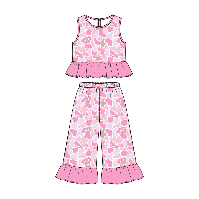 (Preorder new) No moq Baby Girls Pink Camo Leopard Print Ruffle Sleeveless Wide Leg Pant Set
