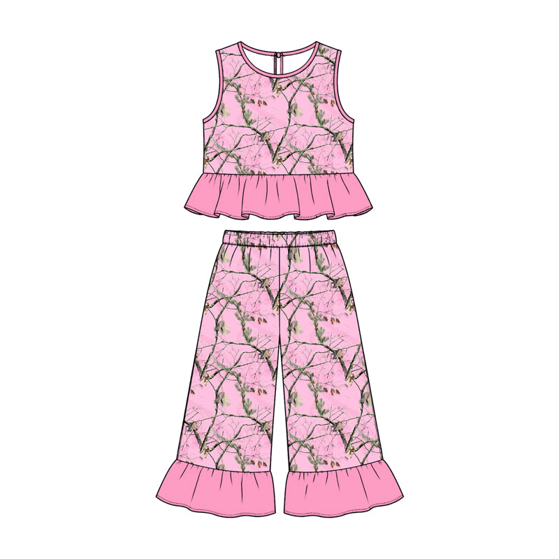 (Preorder new) No moq Baby Girls Pink Camo Leopard Print Ruffle Sleeveless Wide Leg Pant Set
