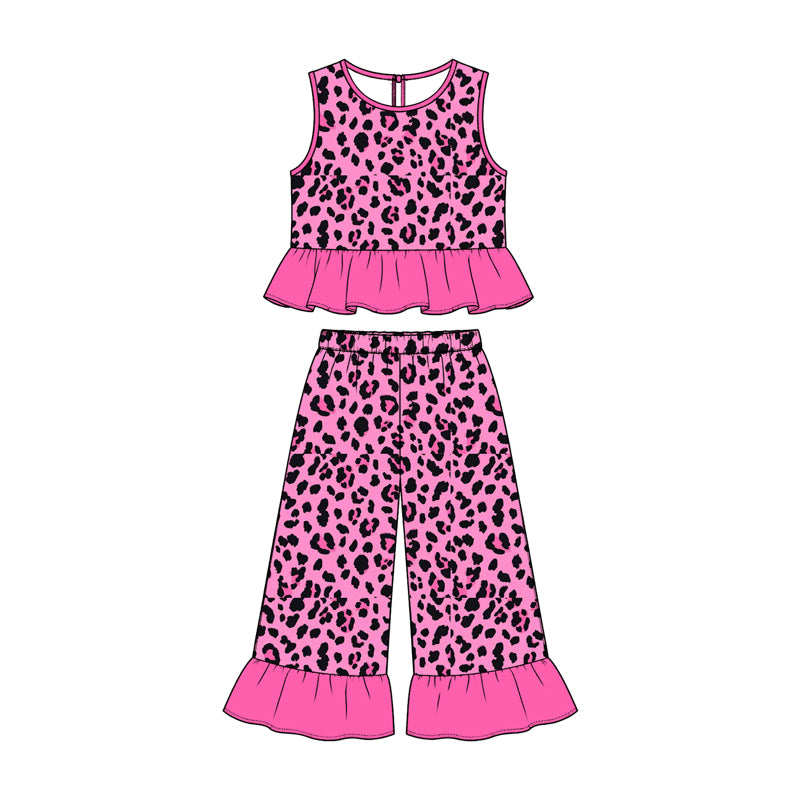 (Preorder new) No moq Baby Girls Pink Camo Leopard Print Ruffle Sleeveless Wide Leg Pant Set