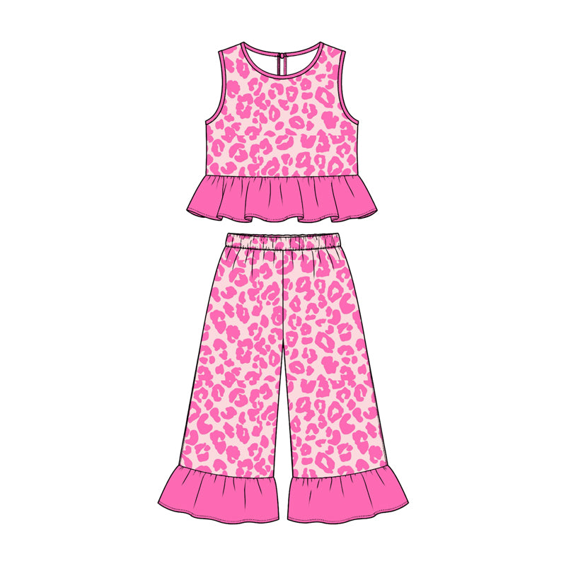 (Preorder new) No moq Baby Girls Pink Camo Leopard Print Ruffle Sleeveless Wide Leg Pant Set