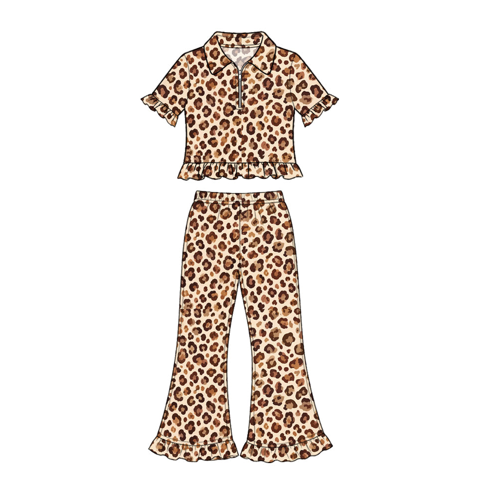 (Preorder new) No moq Baby Girls Leopard Bow Clover Print Ruffle Short Sleeve Flare Pant Set