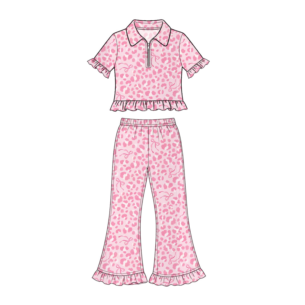 (Preorder new) No moq Baby Girls Leopard Bow Clover Print Ruffle Short Sleeve Flare Pant Set