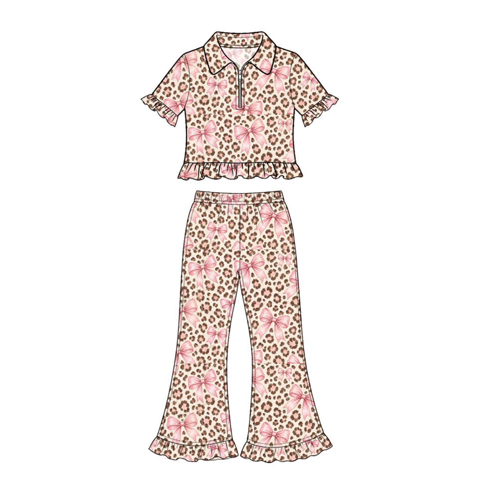 (Preorder new) No moq Baby Girls Leopard Bow Clover Print Ruffle Short Sleeve Flare Pant Set