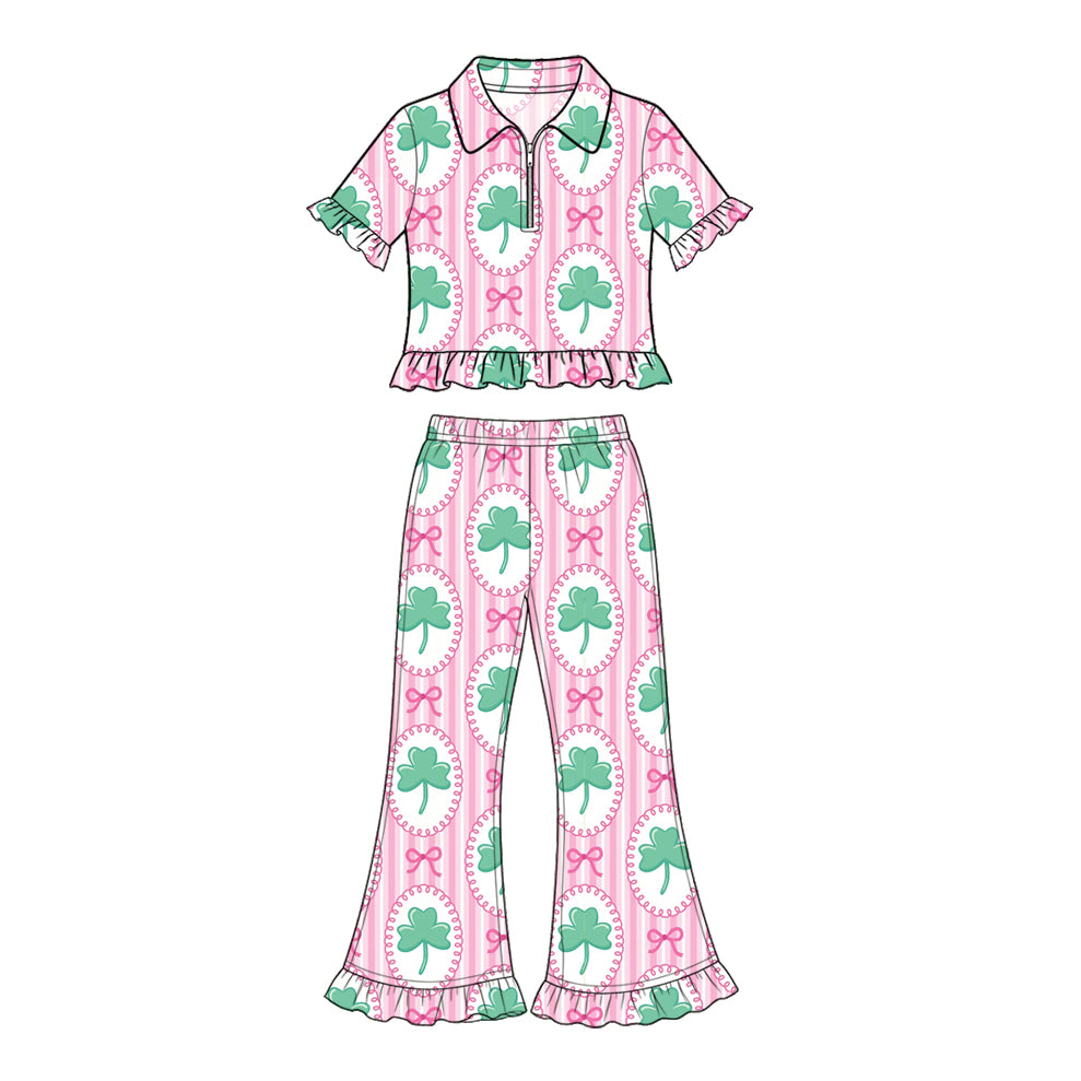 (Preorder new) No moq Baby Girls Leopard Bow Clover Print Ruffle Short Sleeve Flare Pant Set