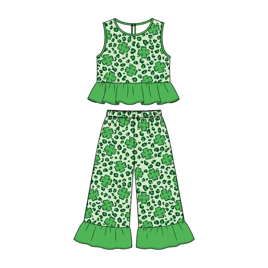 (Preorder new) No moq GSPO2426 Baby Girls Leopard Print Ruffle Sleeveless Wide Leg Pant Set