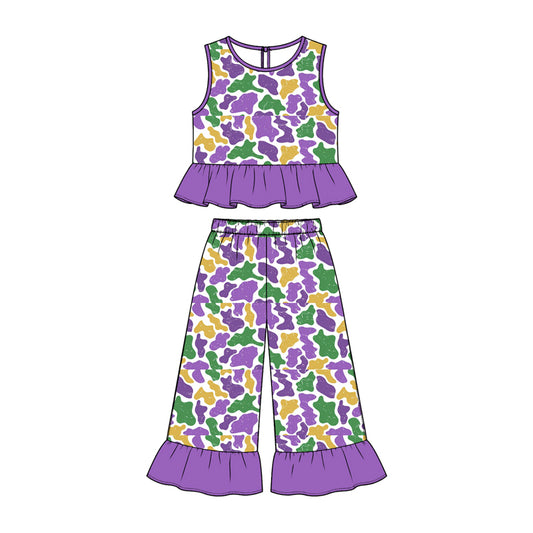 (Preorder new) No moq GSPO2427 Baby Girls Cow Print Ruffle Sleeveless Wide Leg Pant Set