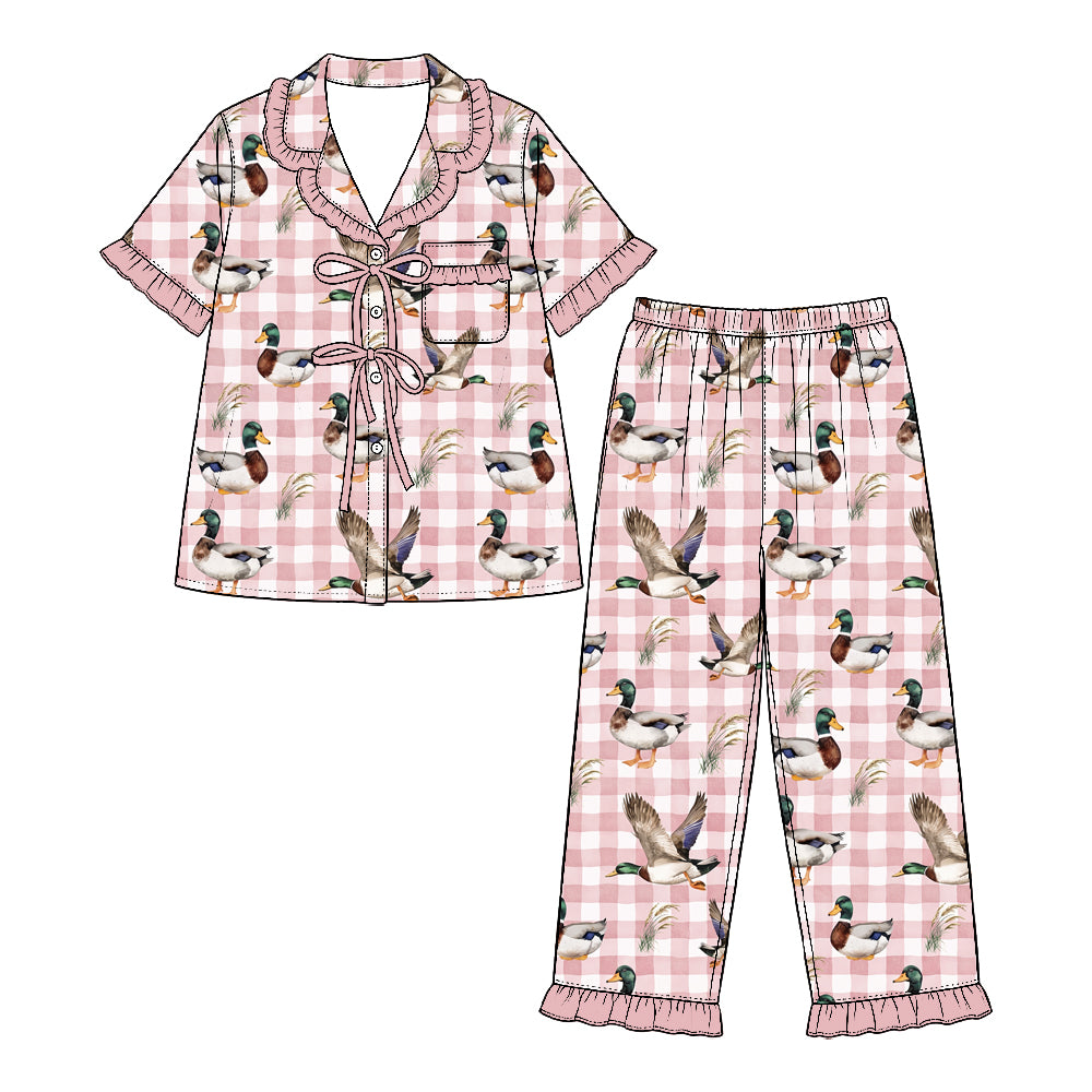 (Preorder new) No moq Baby Girls Pink Gingham Duck Print Ruffle Pajama Set And Zip Romper