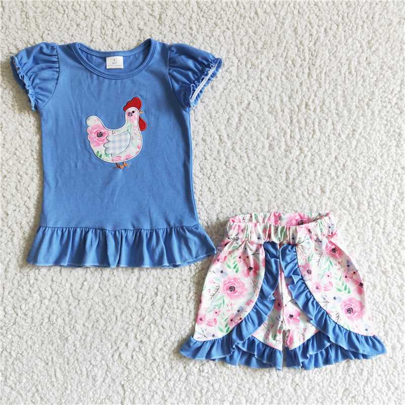 RTS Embroidery Blue Short Sleeve Plaid Shorts Set with Embroidered Rooster