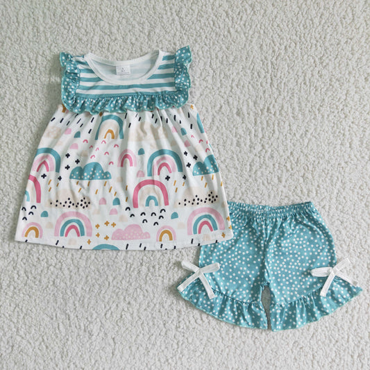 rts no moq GSSO0047 Girls Rainbow Blue Striped Sleeveless White Dot Shorts Set