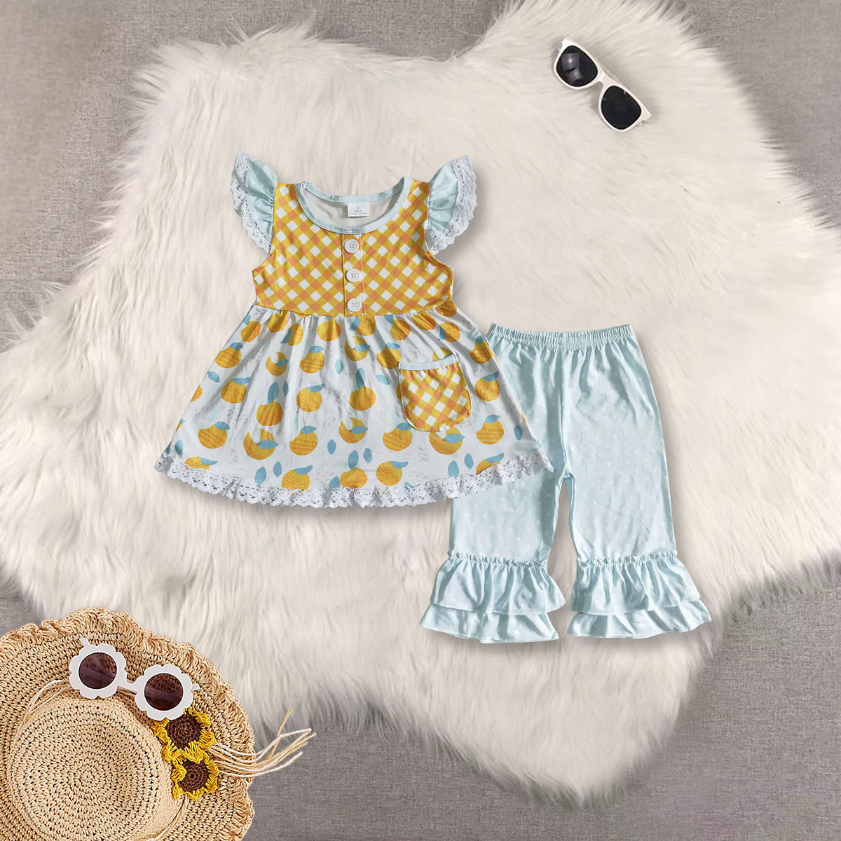 RTS Sibling baby girls clothes orange fruit flying sleeve shorts sets and dress and rompers