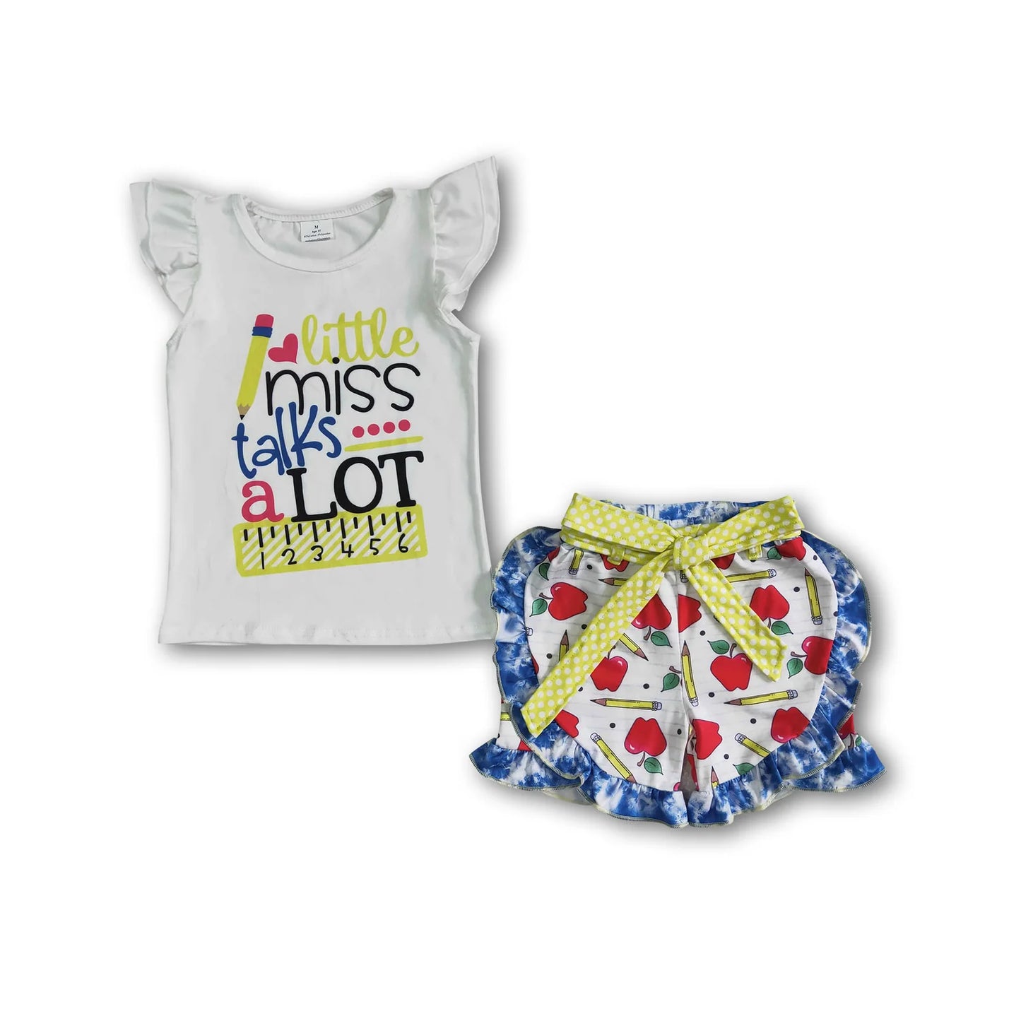 RTS NO MOQ Sibling milk silk Baby Girls Back To School Apple Pencil Print Tunic Top Shorts Set
