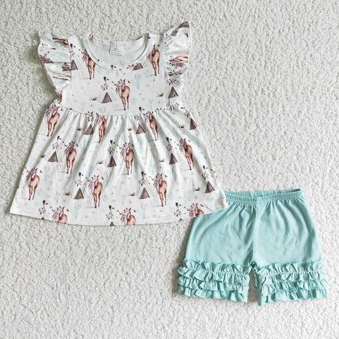 RTS NO MOQ Sibling Baby Girls Western Horse Top with Ruffle Shorts Set gowns Jumpsuit