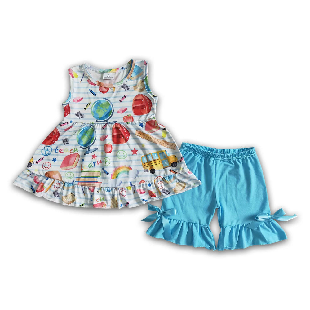 RTS NO MOQ Sibling milk silk Baby Girls Boys Back To School Print Short Sleeve Tee Elastic Waist Shorts Set Dresses(2T-14-16T）