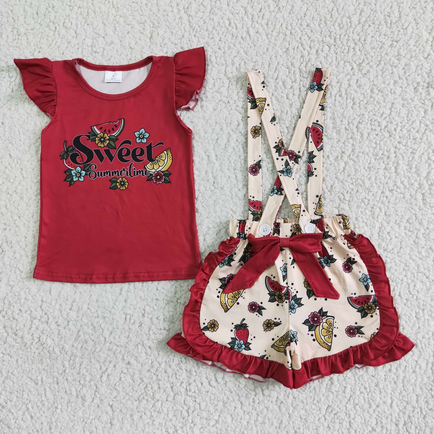 rts no moq GSSO0114 Girls sweet flying sleeves fruit flower bow suspender shorts suit