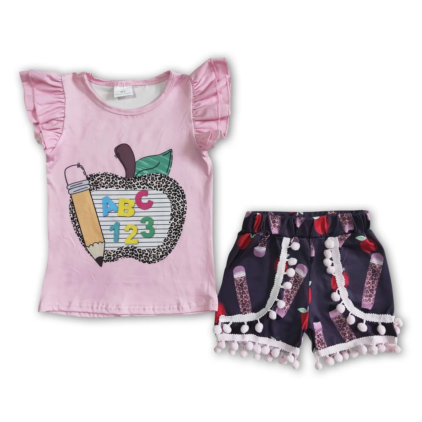 RTS NO MOQ Sibling milk silk Baby Girls Back To School Apple Pencil Print Tunic Top Shorts Set