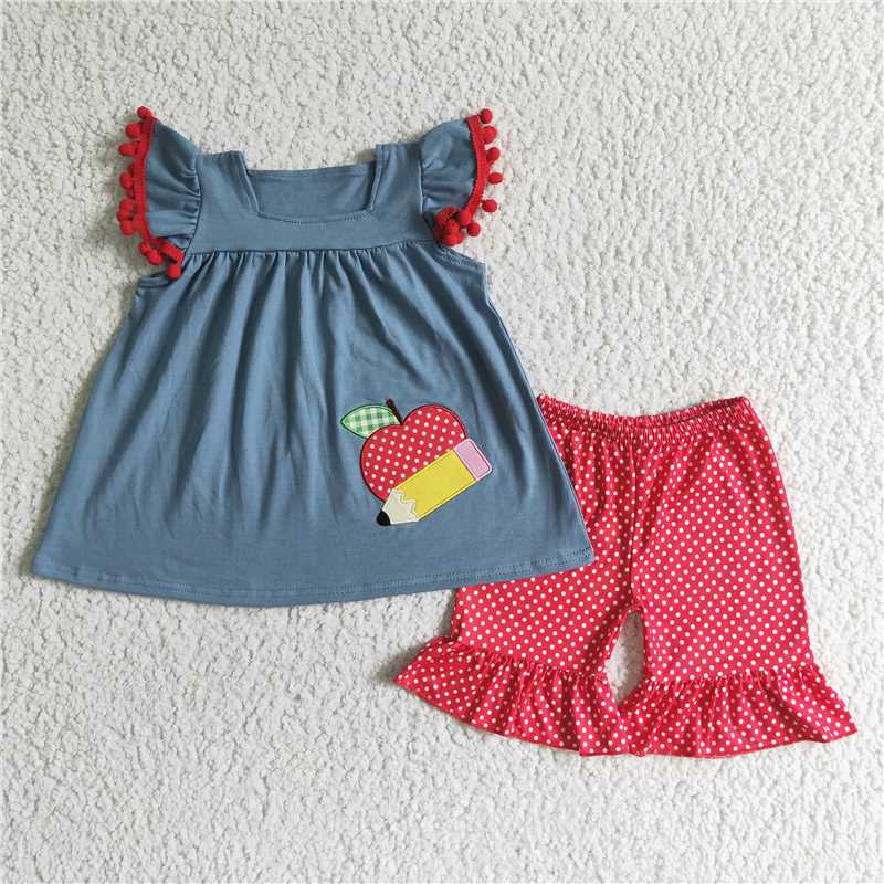 RTS NO MOQ Girls Boys back to school embroidery short sleeve Clothes Sets