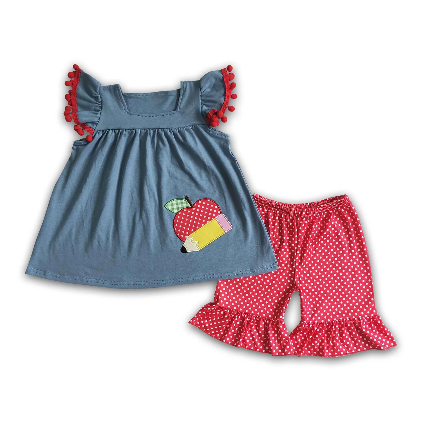 RTS NO MOQ Sibling milk silk Baby Apple Pencil Print Back To School Top Shorts Clothes Sets