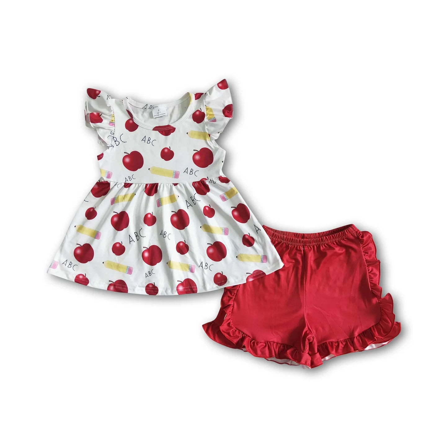 RTS NO MOQ Sibling milk silk Baby Girls Back To School Apple Pencil Print Tunic Top Shorts Set
