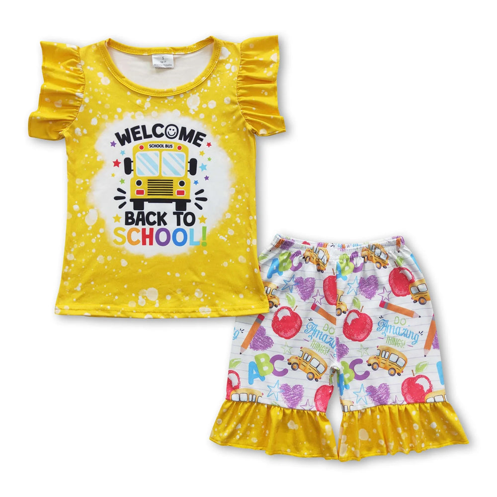 RTS NO MOQ Sibling milk silk Baby Girls Boys School Bus Print Top Shorts Back To School Casual Outfit (2T-14-16T）
