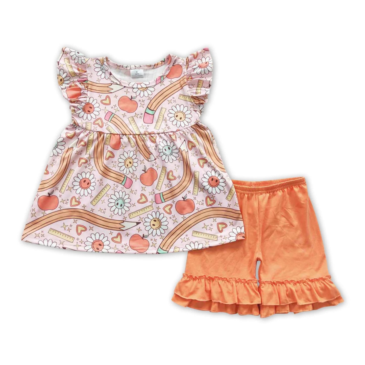 RTS NO MOQ Sibling milk silk Baby Girls Back To School Apple Pencil Print Tunic Top Shorts Set