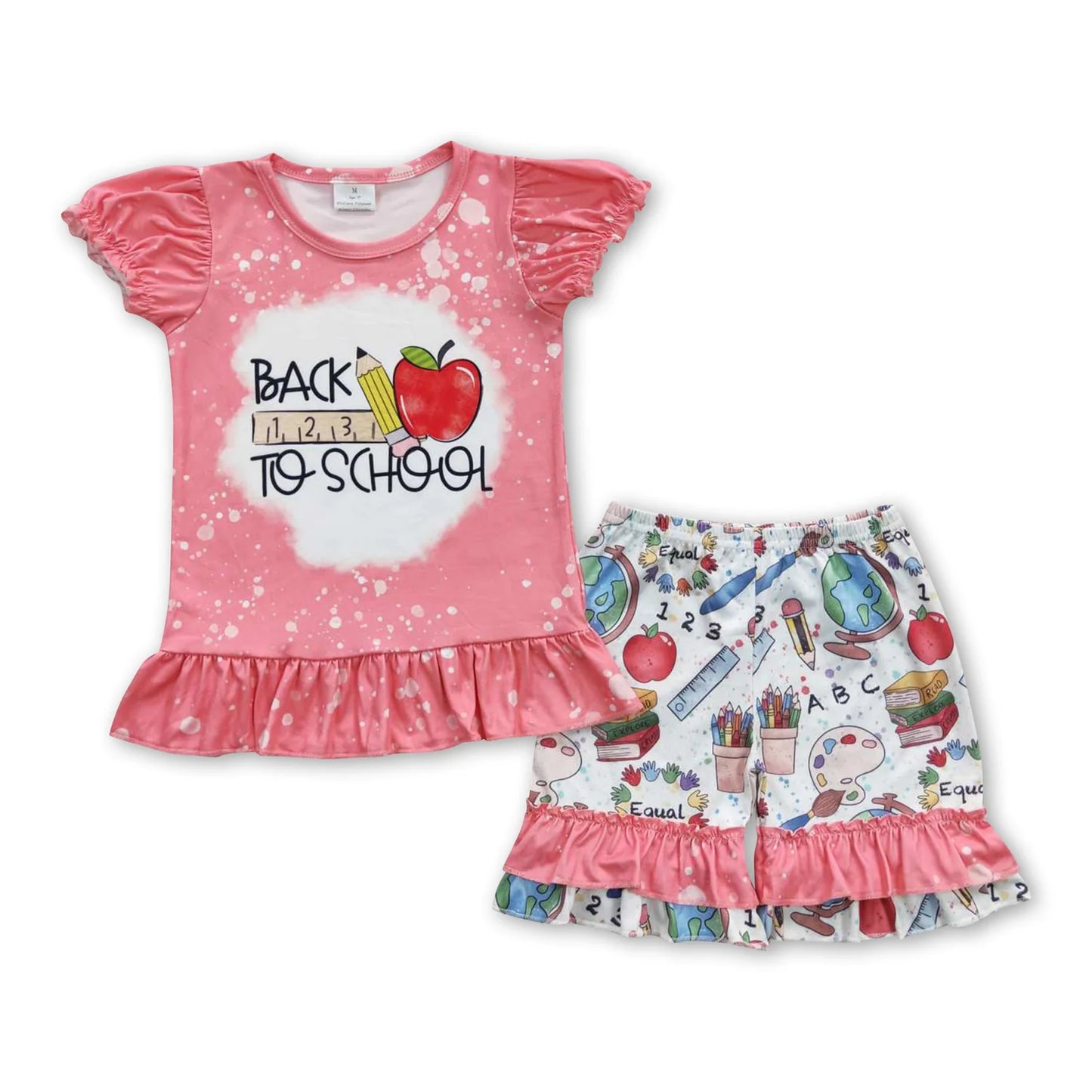 RTS NO MOQ Sibling milk silk Baby Girls Apple Pencil Print Back To School Two Piece Ruffle Outfit