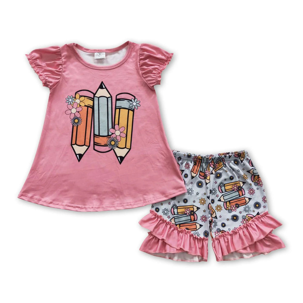 RTS NO MOQ Sibling milk silk Baby Girls Hot Pink Pencil Print Short Sleeve Top Elastic Waist Shorts Back To School Clothes Set Dresses(2T-14-16T）
