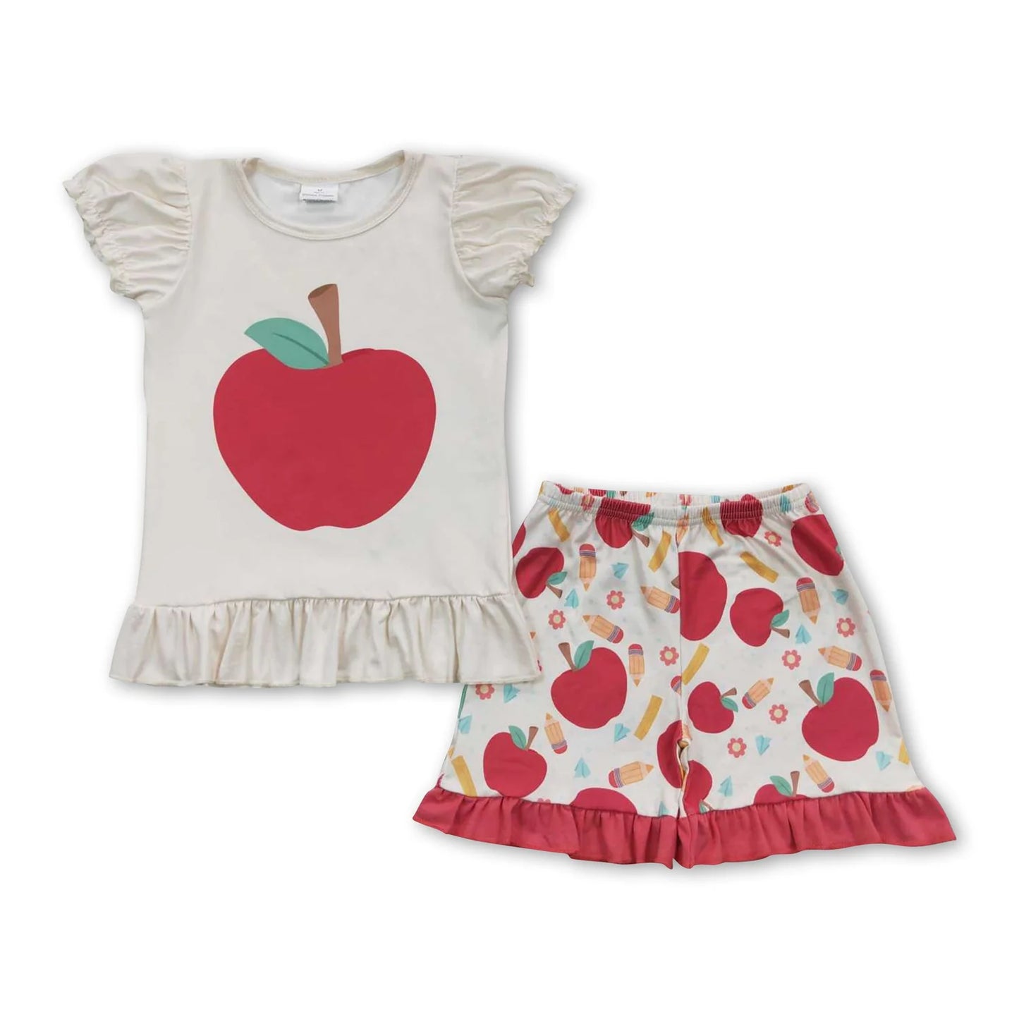 RTS NO MOQ Sibling milk silk Baby Girls Apple Pencil Print Back To School Two Piece Ruffle Outfit