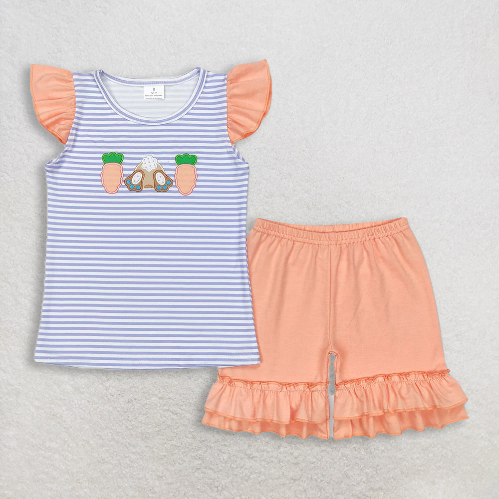 RTS NO MOQ Sibling Baby Boys Girls Easter Embroidery Rabbit Stripe Top And Shorts Set Rompers