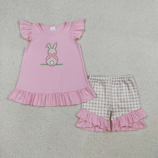 RTS NO MOQ GSSO0374 Baby Girls Pink Embroidery Rabbit Tunic with Checked Ruffle Shorts Outfit Set