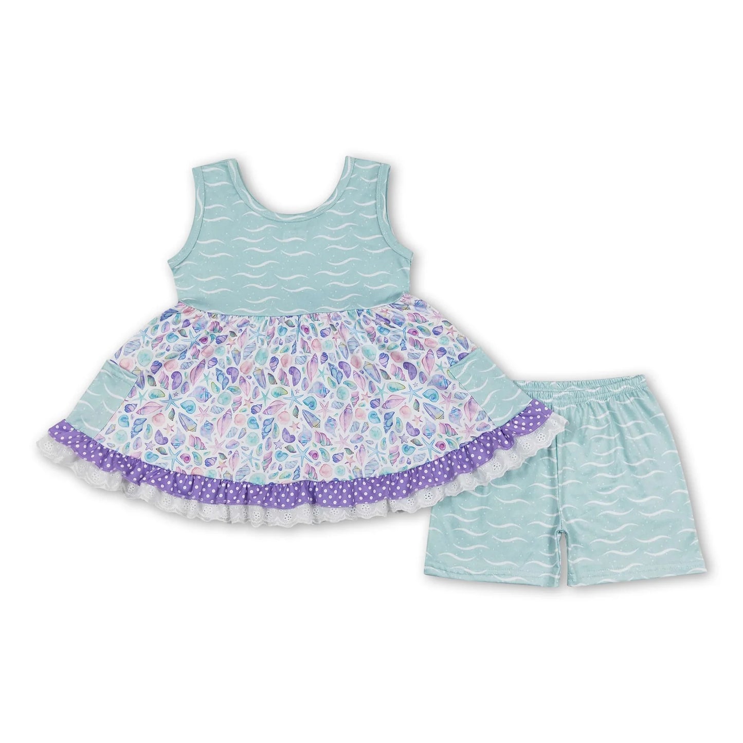 RTS NO MOQ Sibling milk silk Baby Girl Summer Seashell Sleeveless Top Shorts Set Rompers