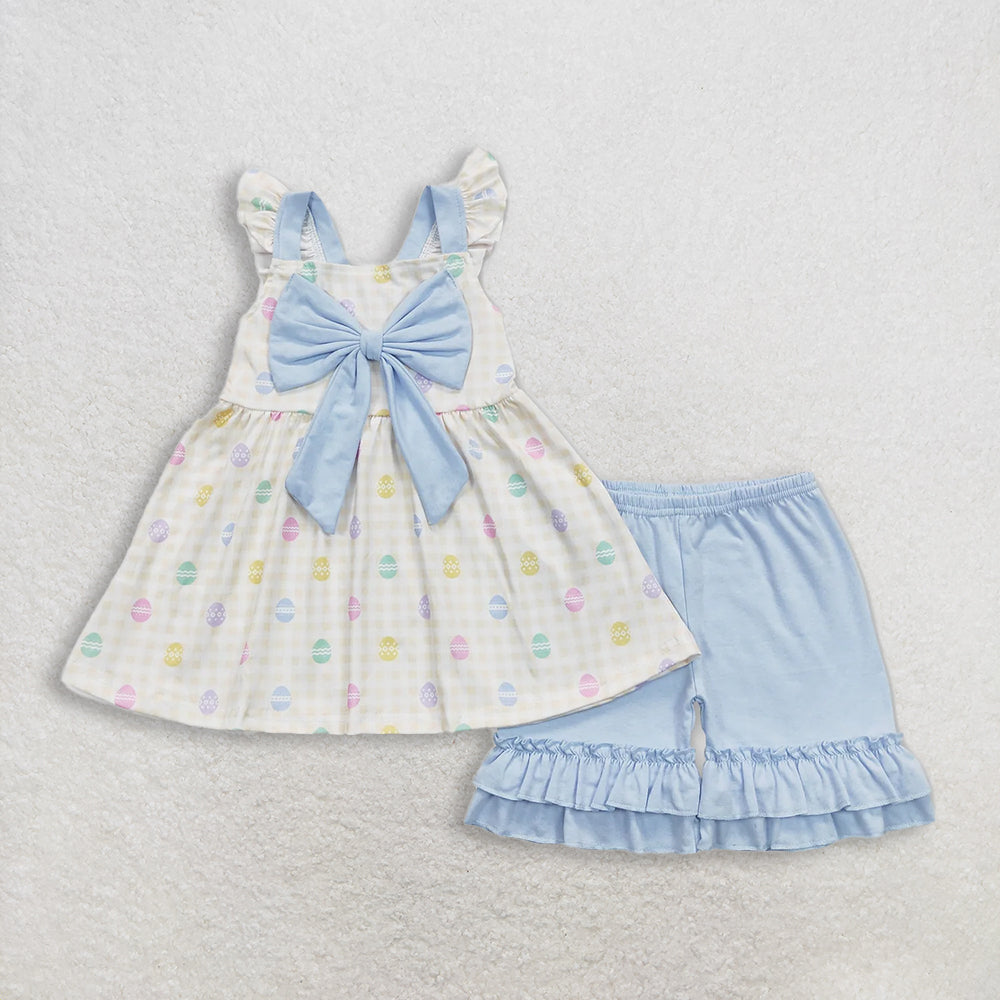 RTS NO MOQ Sibling Baby Girls Easter Bow Tunic Ruffle Shorts Outfit Set Dress Rompers for Little Ones