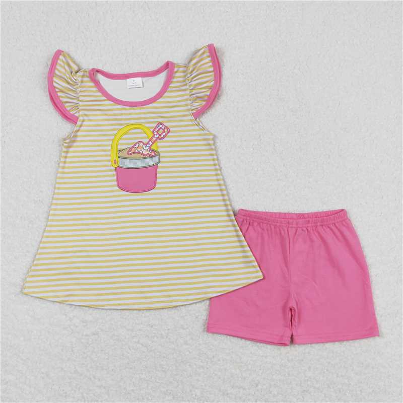 RTS NO MOQ baby girl clothes embroidery short-sleeved shorts suit & short-sleeved sets