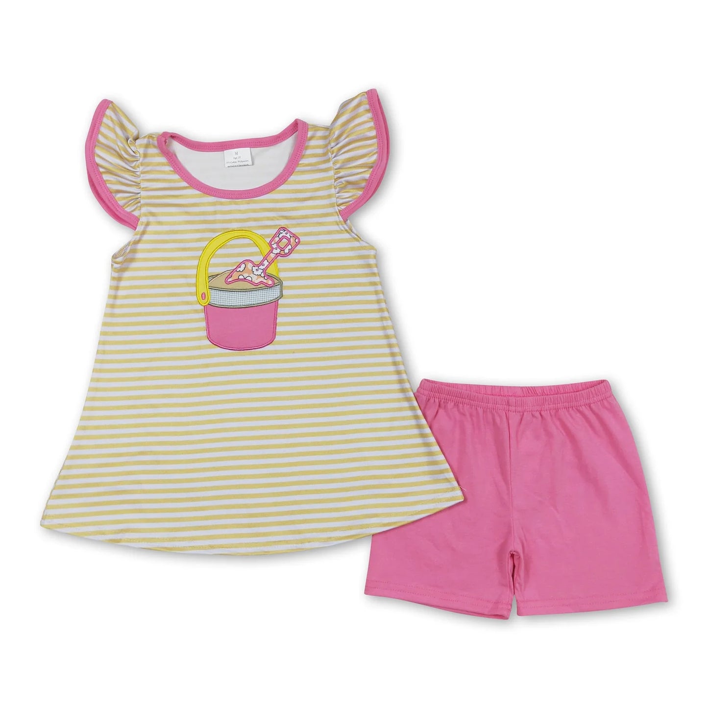 RTS NO MOQ Sibling milk silk Baby Girl Boys Embroidery Striped Beach Two Piece Clothes Set Rompers