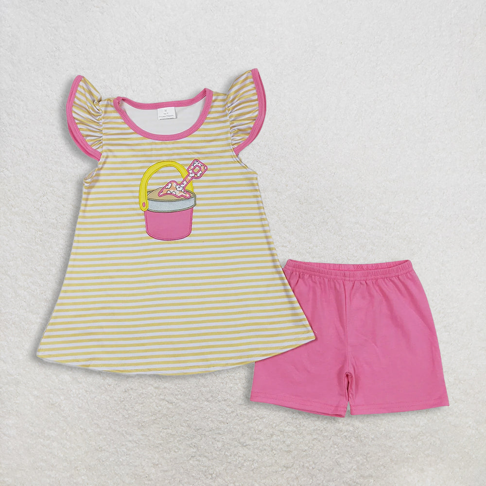 RTS NO MOQ Sibling Embroidery Beach Baby Girls Outfit Set with Flutter Sleeve Top And Ruffle Shorts Clothing