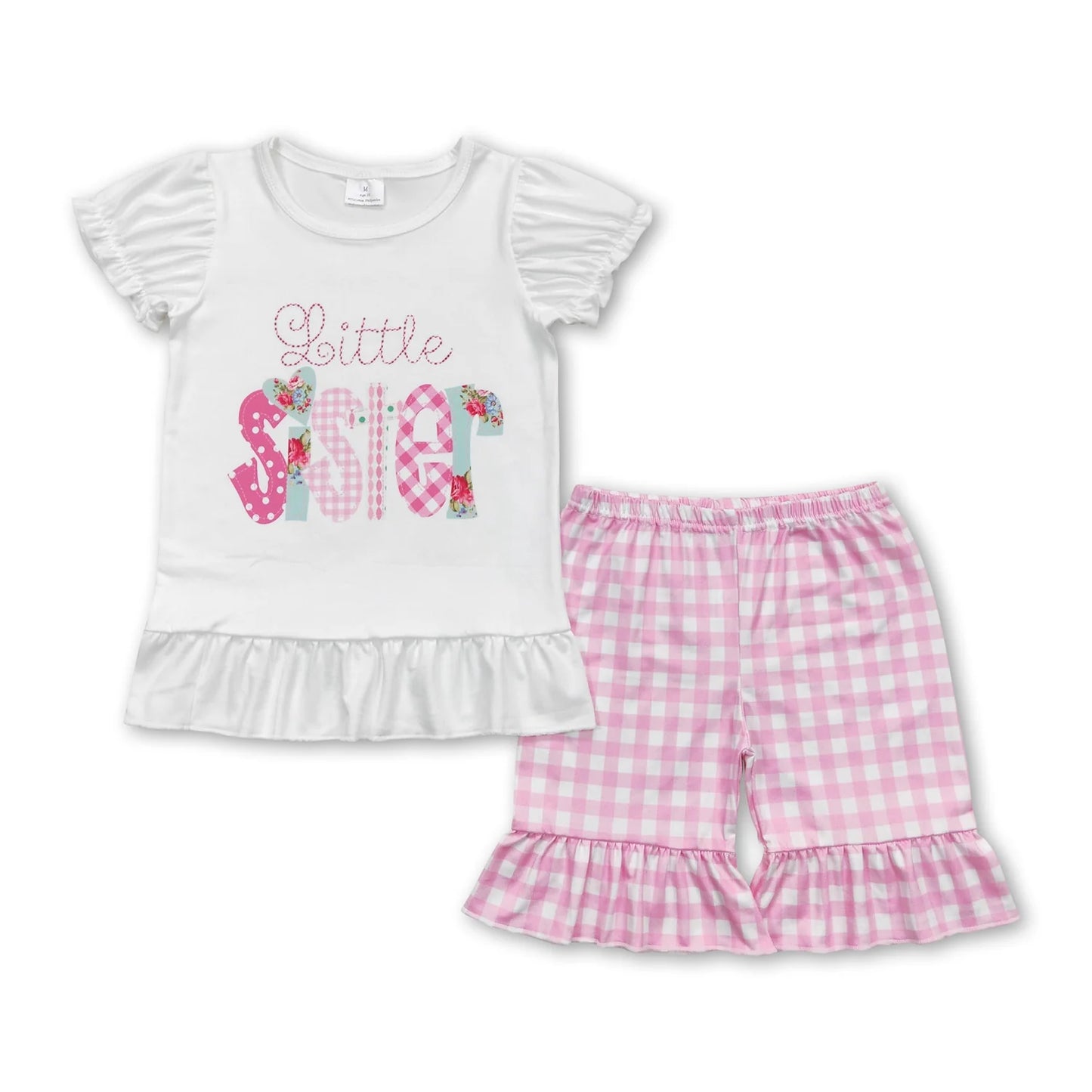 RTS NO MOQ Sibling milk silk Baby Girls Little Sister Shirts Ruffle Shorts Clothes Sets Pink Checkered Rompers