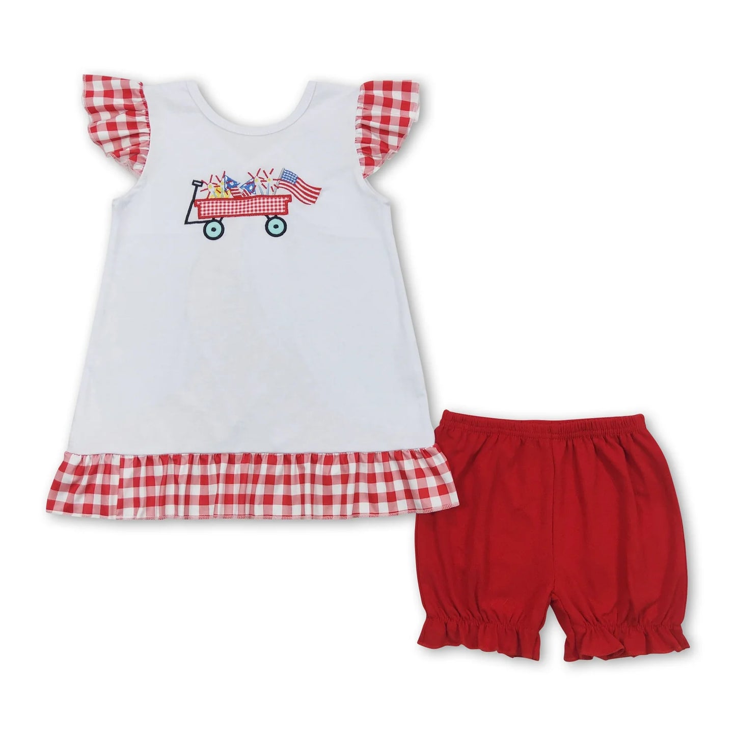 RTS NO MOQ Sibling milk silk Baby Girls Boys Summer 4th Of July Flag And Tractor Print Top Red Checkered Shorts Clothes Set Dress Rompers