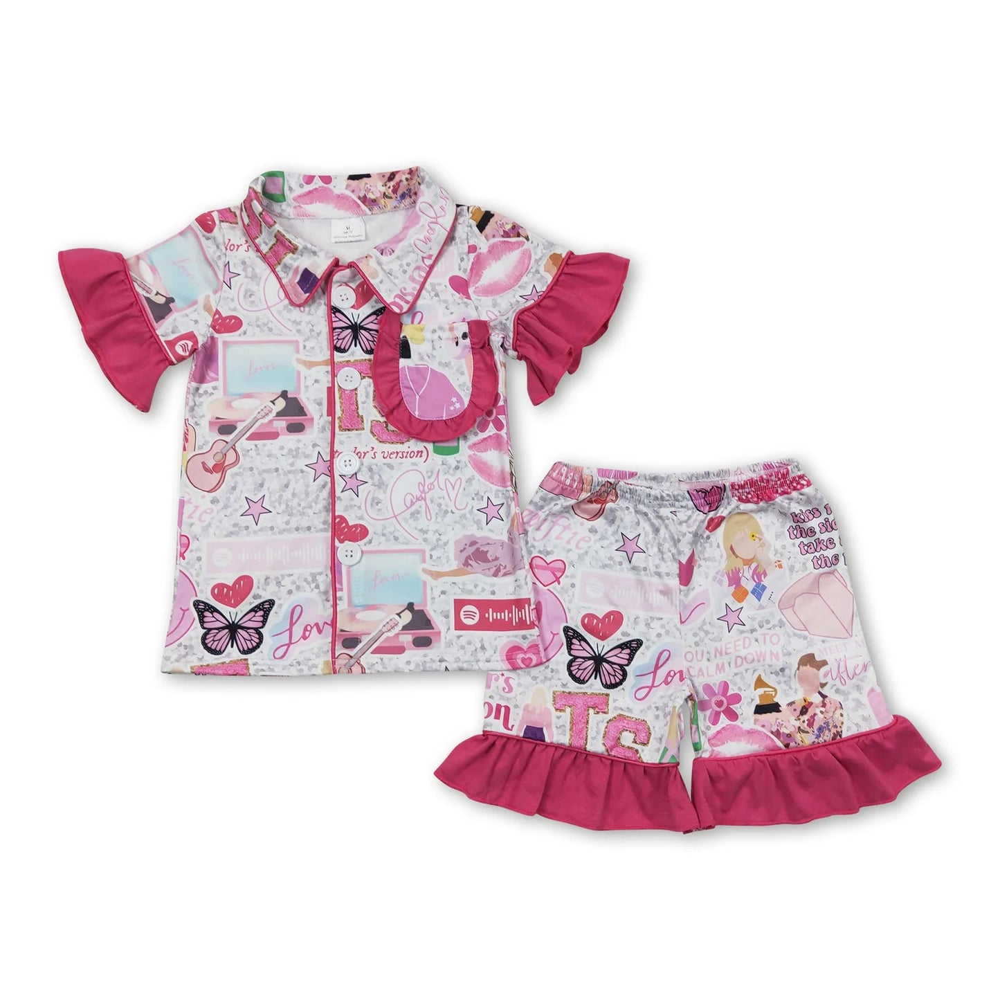 RTS NO MOQ Sibling milk silk Cute Clothes Baby Girls Pink Button Shirt Ruffle Shorts Pajama Set