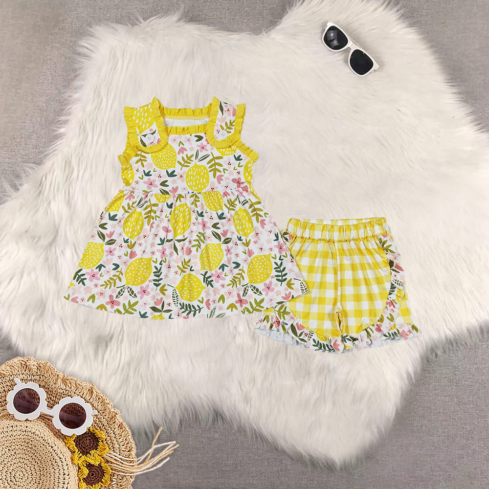 Sibling Baby Girls Lemon Flowers Sumer Sibling Sister Clothes Sets romper