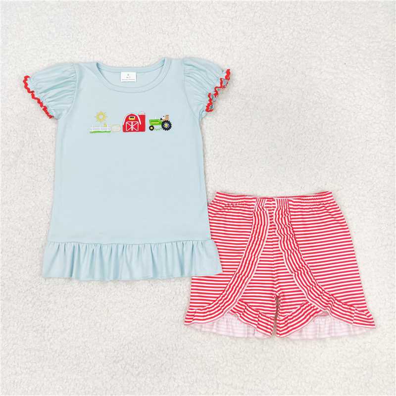 RTS Boys and girls embroidery farm Short Sleeve Shorts sets
