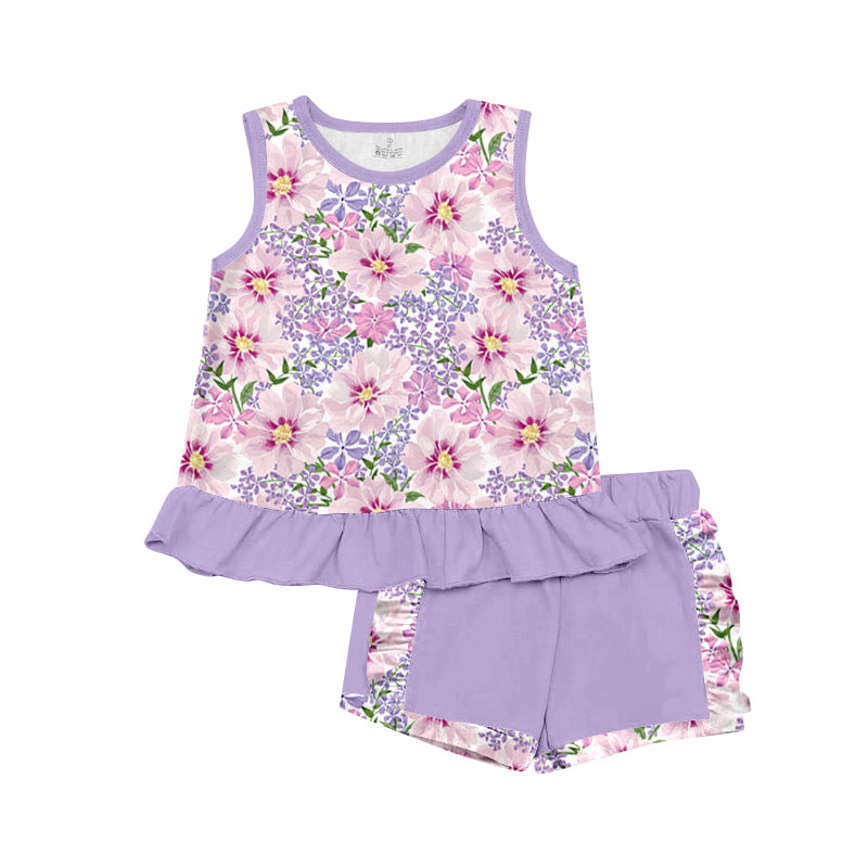 GSSO0843 Girls purpls flower sleeveless shorts set