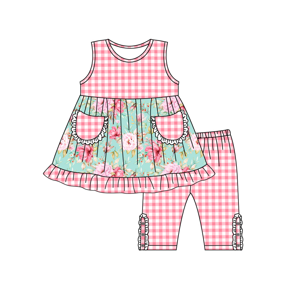 GSSO0851 Girls flower sleeveless with pocket grid shorts set