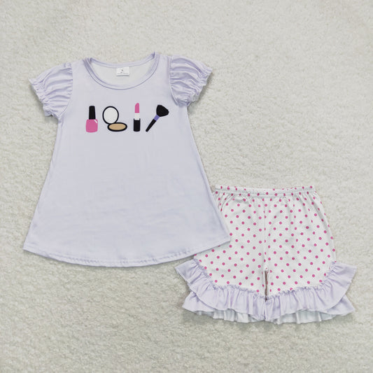 rts no moq GSSO0862 Mirror Lipstick Purple Short Sleeve Shorts Set