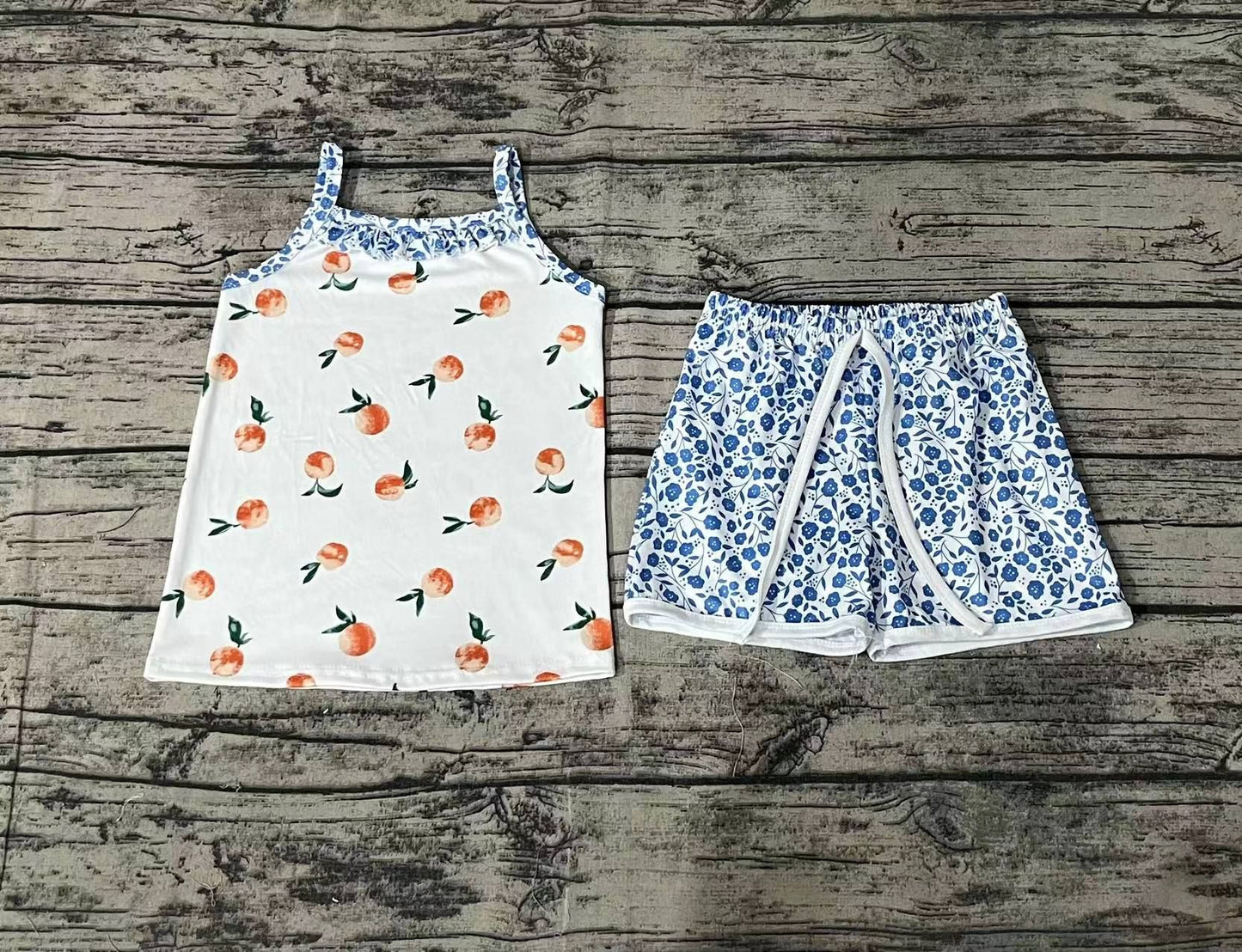 GSSO0864 pre-order baby girl clothes Peach Pink Sleeveless Blue Floral Shorts Set